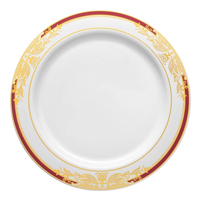 Gold Harmony Rim Disposable Plastic Plate Packs - Party Supplies - 120pcs - Salad Plates - White with Burgundy and Gold Rim