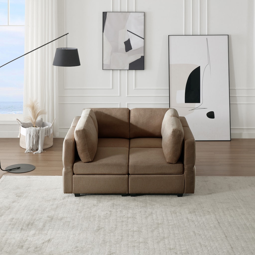 Modern Modular 4 Seat Upholstered Sectional Sofa with Storage, Adjustable Arm, Brown