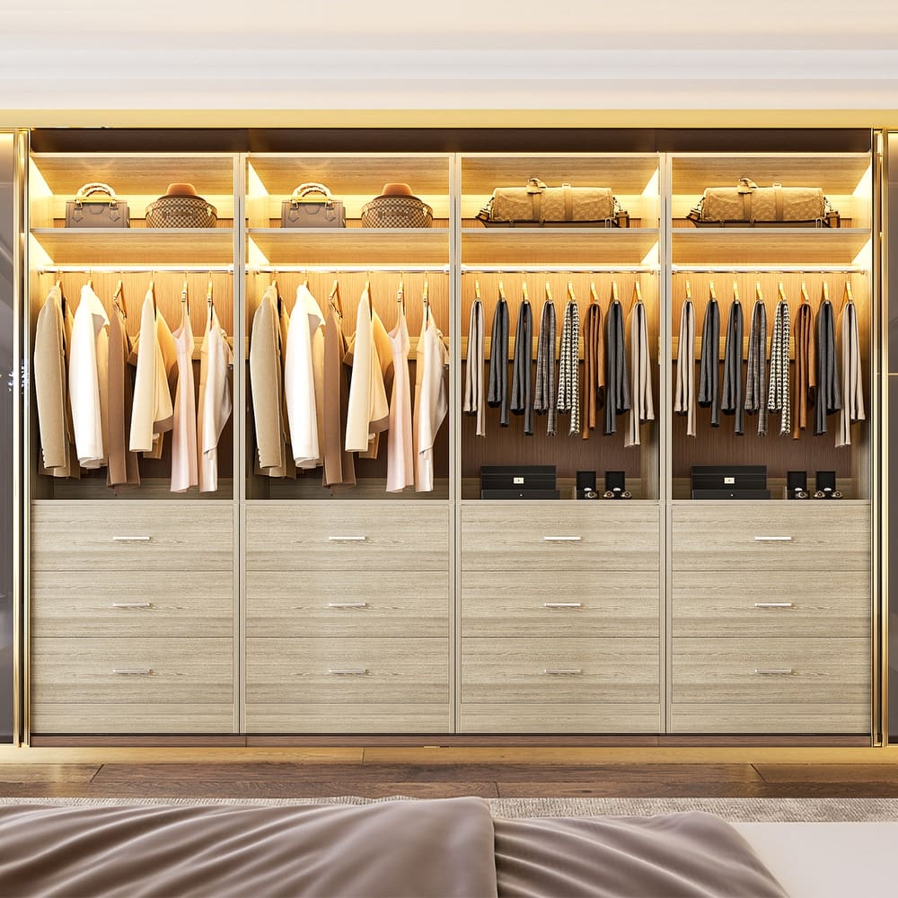 Kyrvo Freestanding Closet System with 3 Wooden Drawers and Hanging Rod and Storage Shelf, Walk-in Closet Organizer Wardrobe