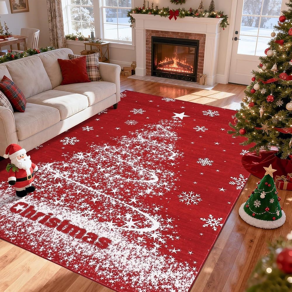 Washable Xmas Red Christmas Tree Area Rug for Home Decor - 1'6" x 2'6"