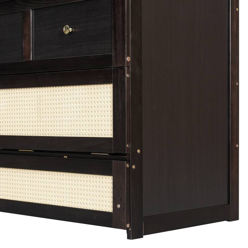Rattan Weaving Accents Murphy Bed Full Size Foldable Wall Cabinet Bed with Underbed Storage Drawers and Golden Handles