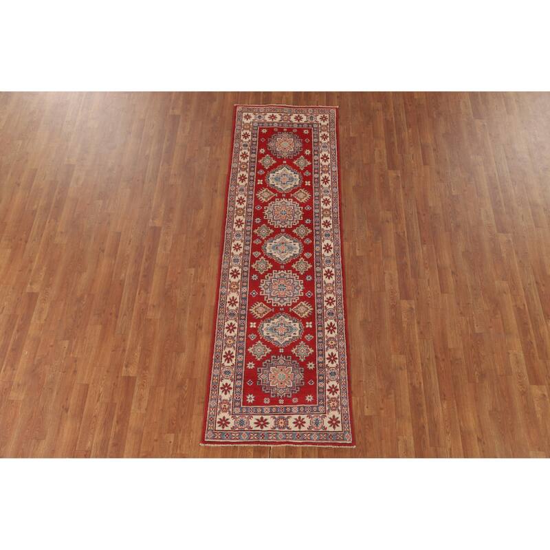 Geometric Red Kazak Runner Rug Hallway Hand-Knotted Wool Carpet - 2'7" x 8'0"