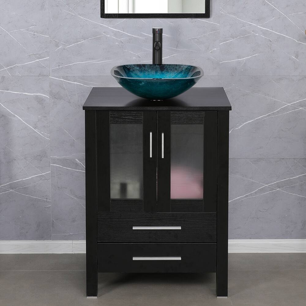 eclife 24" Classical Bathroom Vanity Set with Tempered Glass Vessel Sink Oil Rubbed Bronze Faucet and Drain