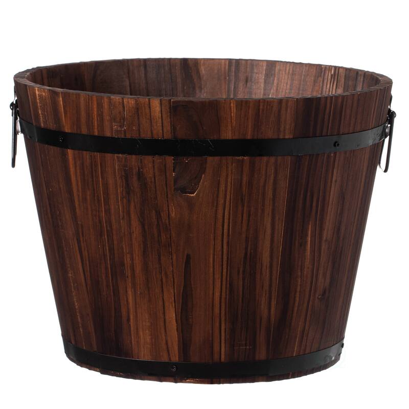 Rustic Wooden Whiskey Barrel Planter with Durable Medal Handles and Drainage Holes - Perfect for Indoor and Outdoor - MEDIUM
