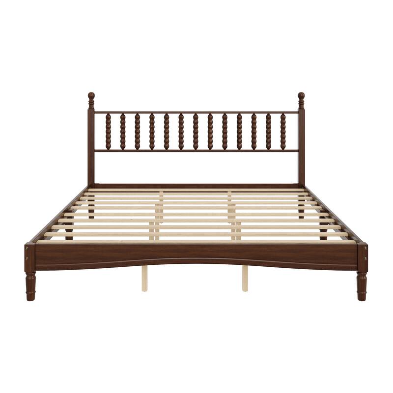Roomfitters Wood Platform Bed, Retro Gourd Spindle Headboard with Solid Slat Support, Walnut