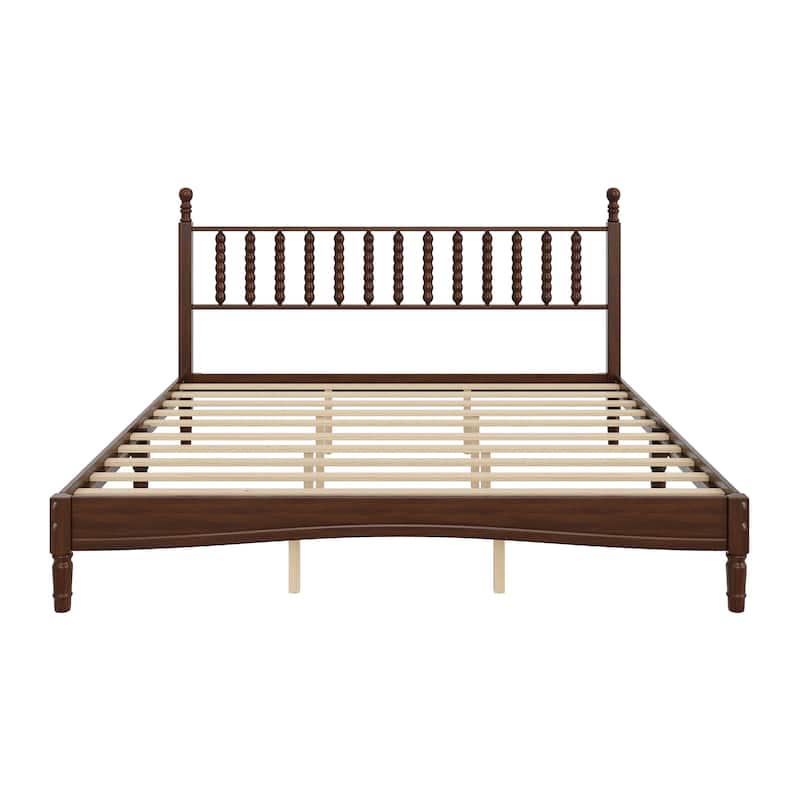Wood Platform Bed Frame with Gourd Shaped Headboard, Retro Style Low Profile Bed with Wooden Slat Support, No Box Spring Needed