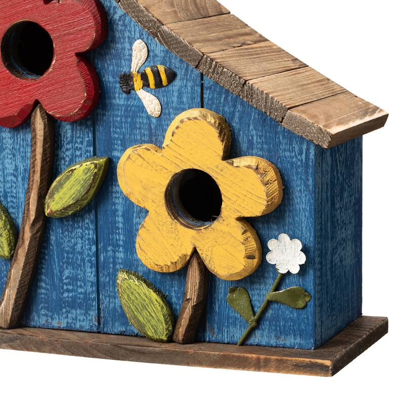 Glitzhome 10.5"H Distressed Solid Wood Birdhouse with 3D Flowers - 10.5"