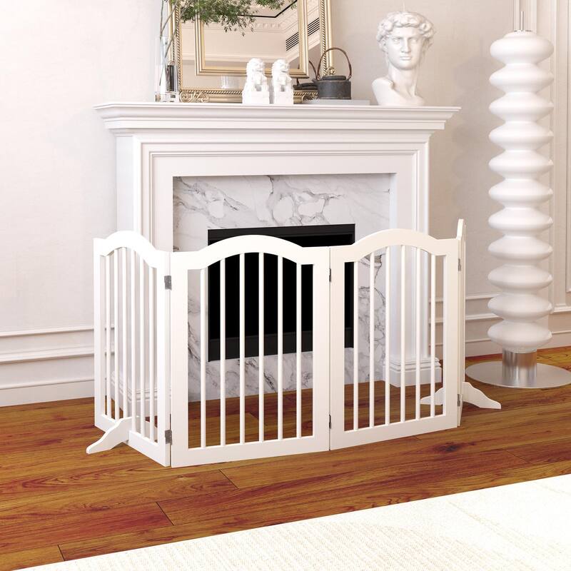 27.6"Height White Wooden 4-Panel Pet Gate Freestanding Foldable Playpen for Dogs Cats - 80”L x 0.70”W x 27.56”H