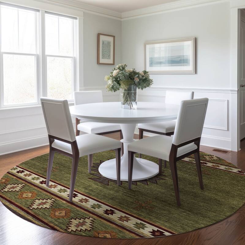 Premium Washable Super Soft Boho Tribal Mayfield Rug - Green - 8' x 8' - Round