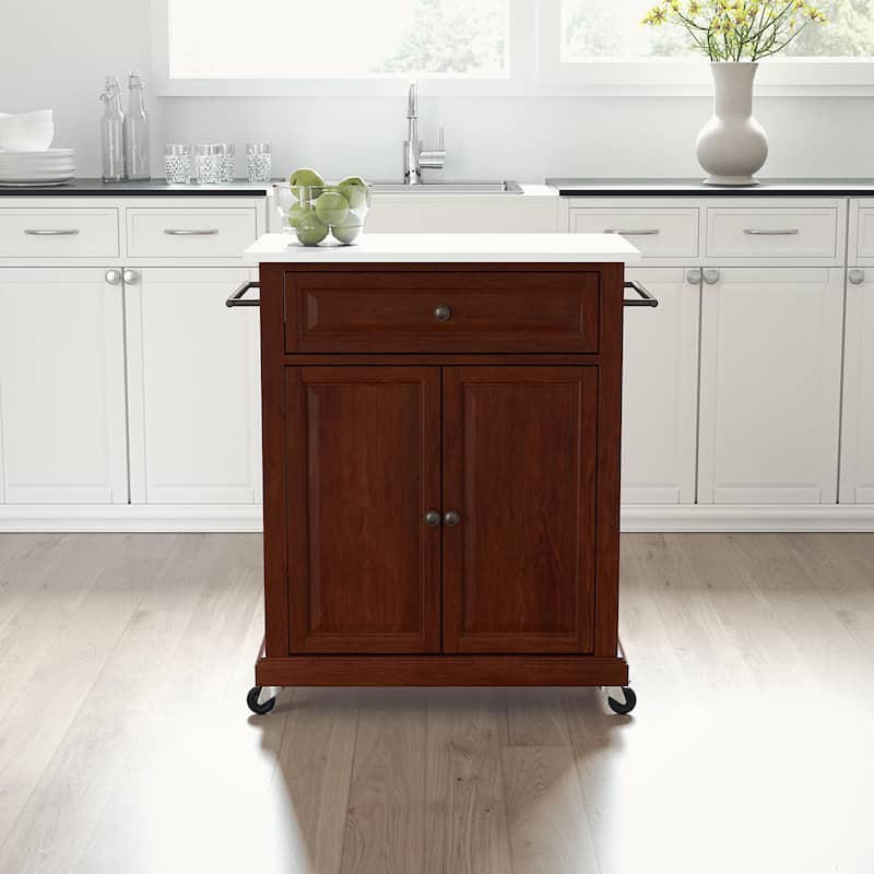 Compact Stone Top Kitchen Cart in Mahogany and White with Adjustable Shelf, Storage Drawer, and Towel Bars