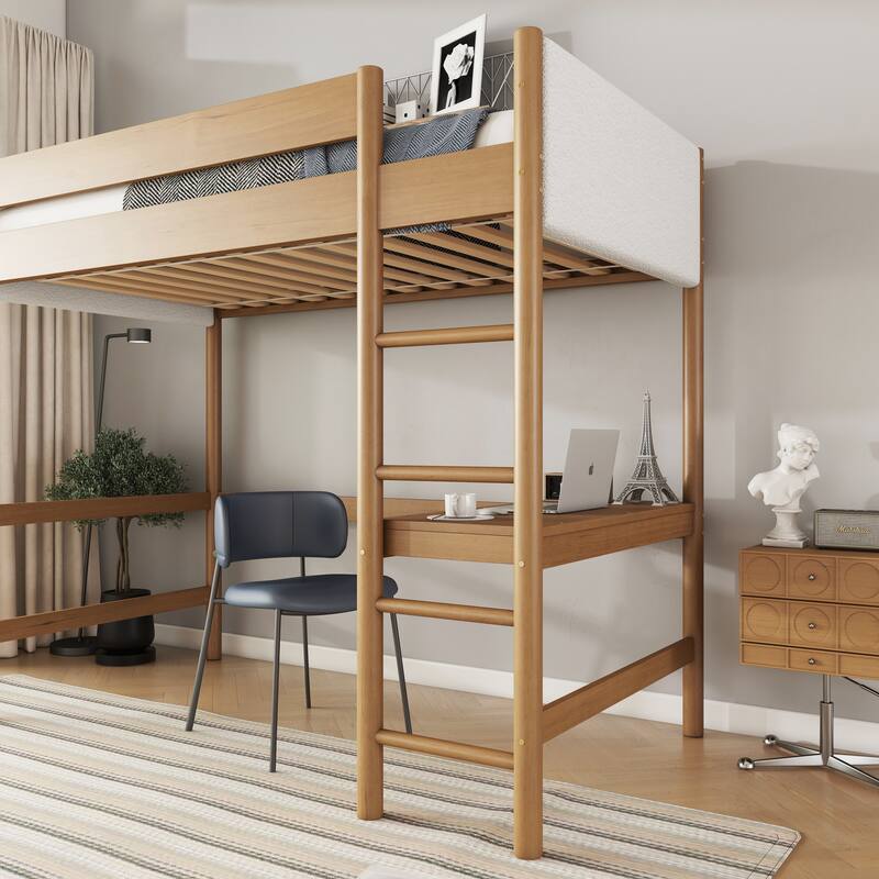 Wood Twin Size Loft Bed with Desk, Boucle Upholstered Headboard and Footboard with Ladder, Safety Guardrails