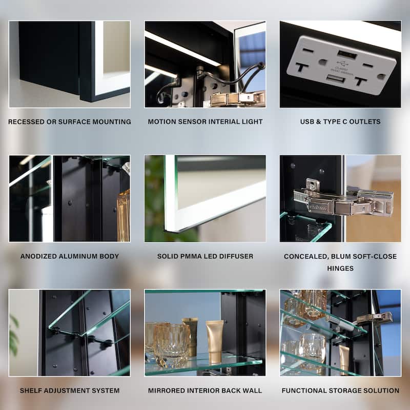 30'' H Recessed Or Surface Wall Mounted LED Mirror Cabinet With Mirror And Adjustable Shelves,Black Frame