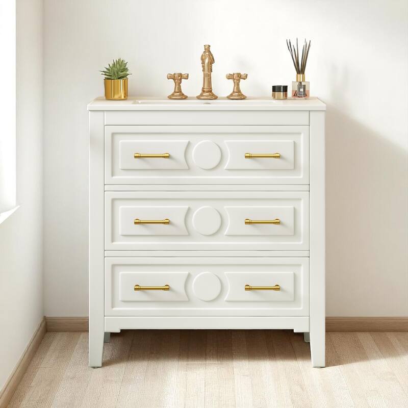 30" Bathroom Vanity with Ceramic Sink, 3 Drawers, Solid Wood Frame,Retro Cabinet, Pre-Drilled for 4" Faucet, Storage Organizer - White - 30" Ceramic,Solid Wood+MDF
