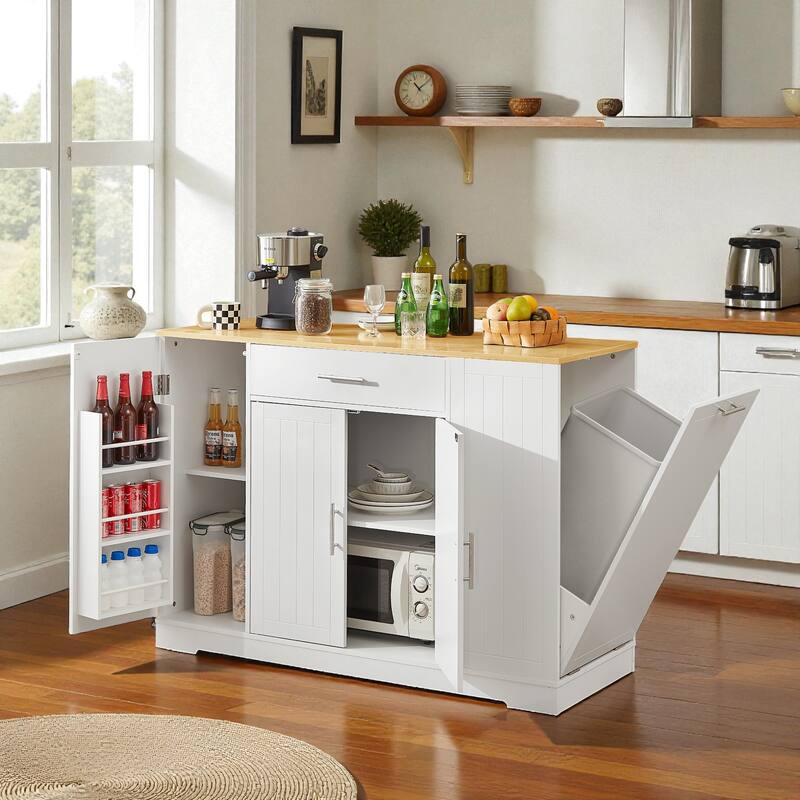 53" Modern Farmhouse Kitchen Island with Drawer, Tilt-Out Trash Can Storage, Adjustable Shelves & Spice Rack for Kitchen