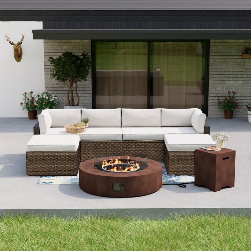 COSIEST 7-Piece Outdoor Sofa Setional Set With Fire Pit Table