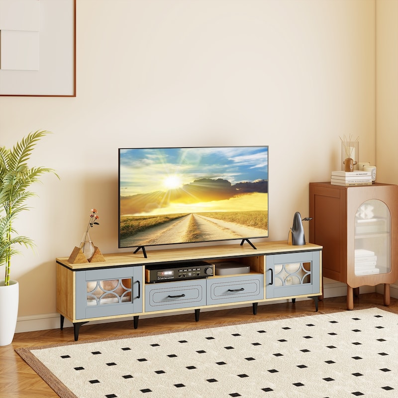 Modern 71" TV Console Table with Storage Drawers Cabinets and Cord Hole Metal Legs for Living Room - 71" x 14" x 18"