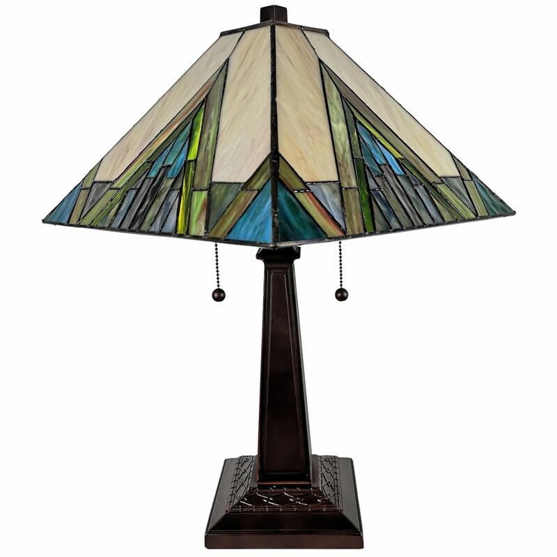 HomeRoots 23" Stained Glass Handcrafted Pyramid Style Two Light Mission Style Table Lamp - 21 x 22 x 11