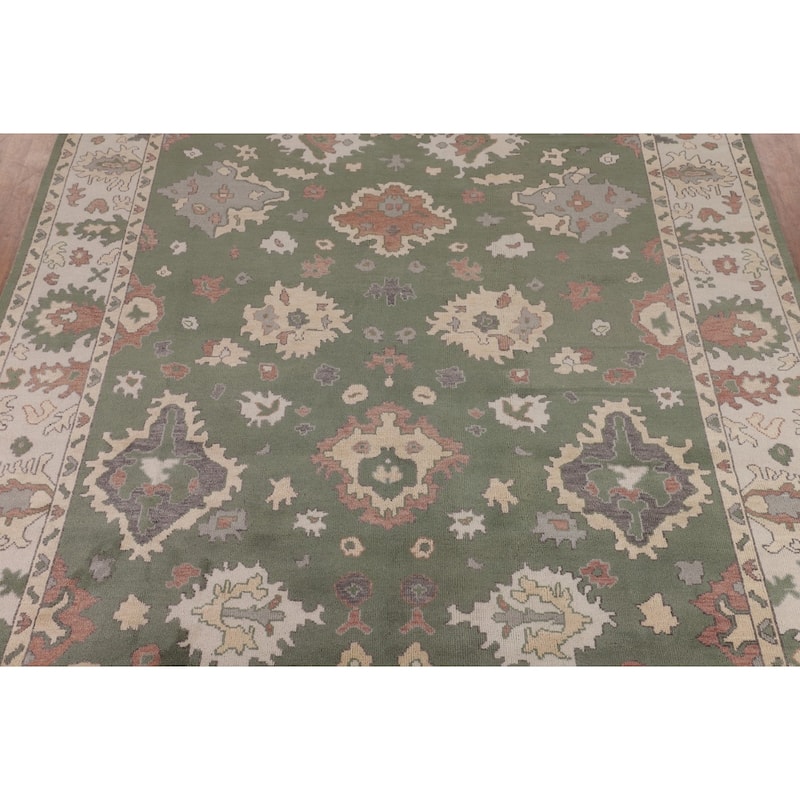 Green & Ivory Floral Oushak Oriental Area Rug Handmade Wool Carpet - 9'1" x 11'11"