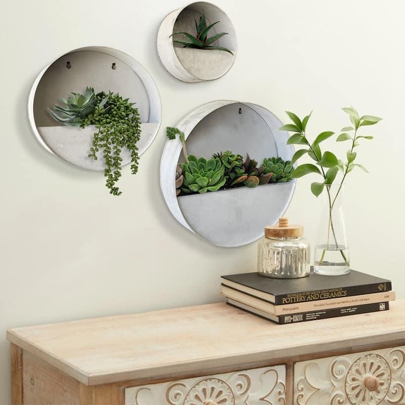Modern Home Round Living Wall Mounted Galvanized Steel/Zinc Succulent/Herb Planter - Indoor/Outdoor Living Art Potting Vessel