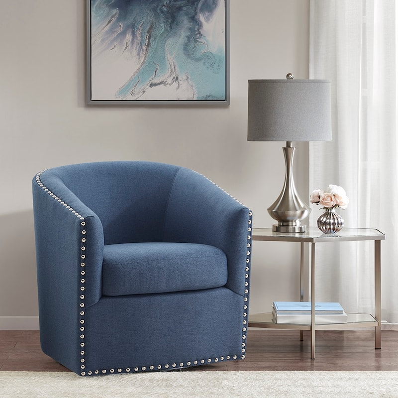 Swivel Barrel Chair With Rivet Detailing and Rotation - Blue