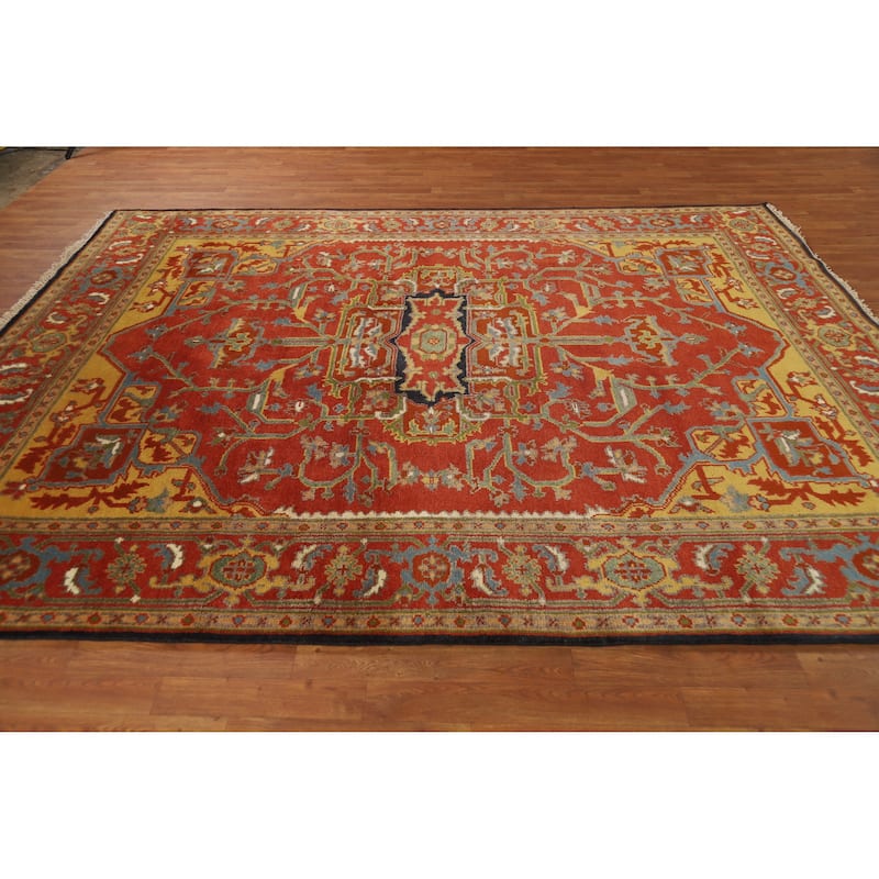 Hand Knotted Oriental 100% Wool Carpet Traditional Medallion Oranges & Rust Heriz (serapi) Area Rug - 9' 9'' X 7' 9''