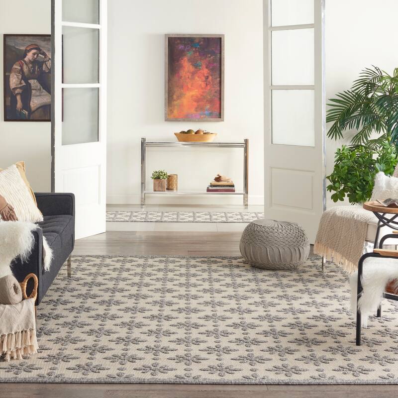 Nourison Palamos Modern Floral Hi Low Geometric Indoor Outdoor Area Rug - 7' x 10' - Cream