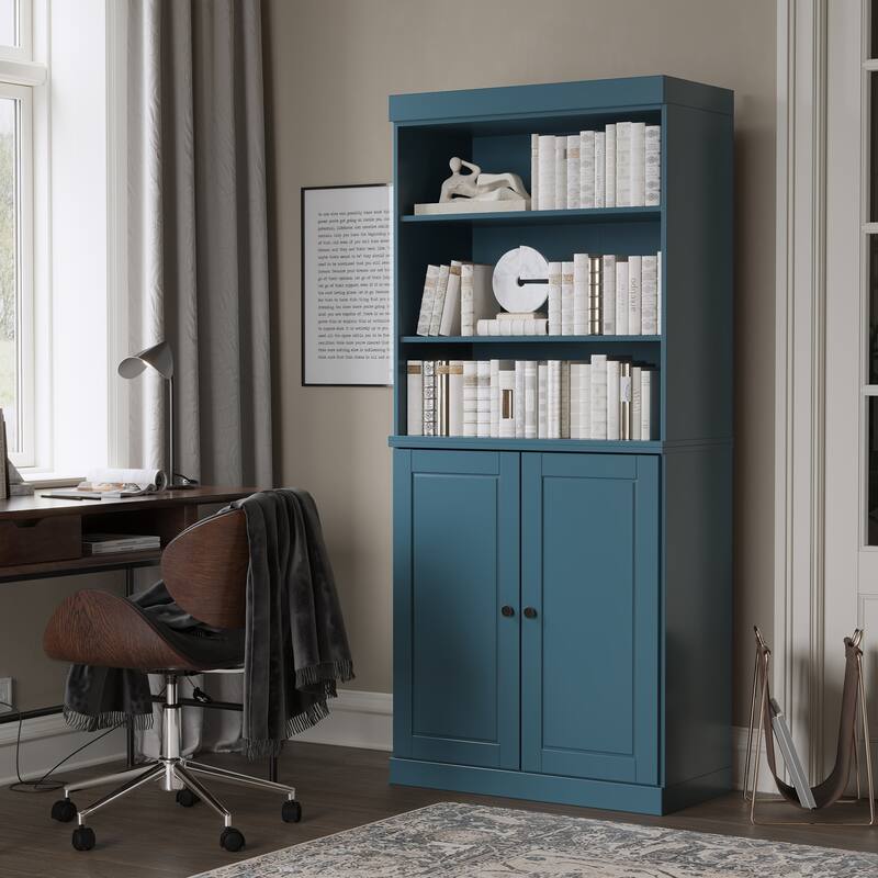 100% Solid Wood 6-Shelf Bookcase with Optional Doors by Palace Imports - 2 Dr Wood - Teal Blue
