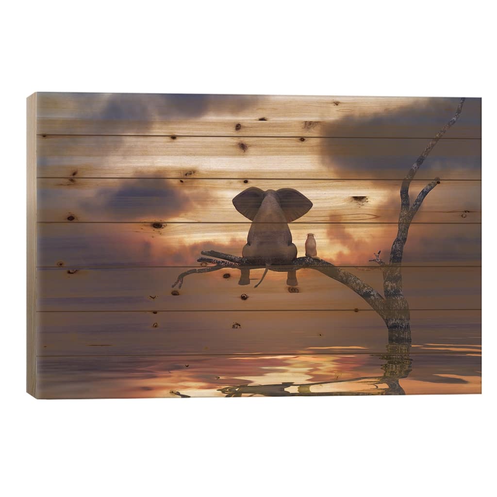 Elephant And Dog Are Sitting On A Tree Print On Wood by Mike Kiev - Multi-Color