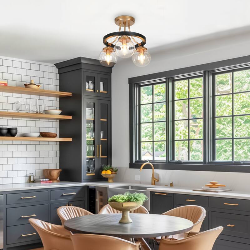 Modern Black Gold 3-Light Seeded Glass Semi-Flush Mount Ceiling Light for Kitchen