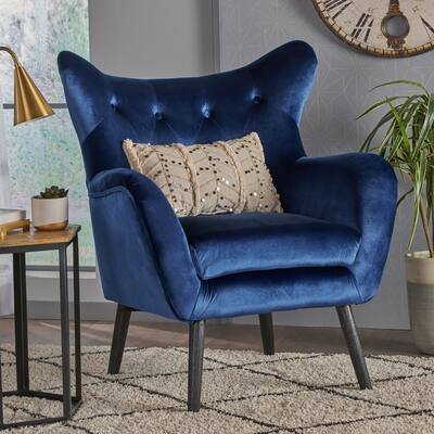 Modern 34.25" Velvet Upholstered Button Tufted Wingback Arm Chair with Curved Wingback and Wood Frame