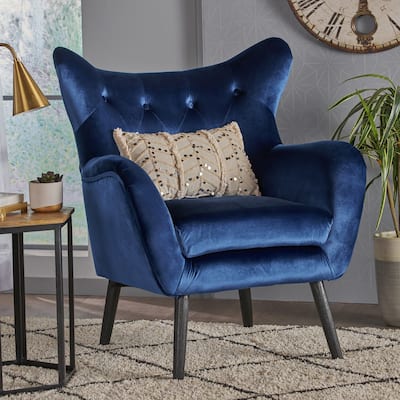 Navy Blue Modern 34.25" Velvet Upholstered Button Tufted Wingback Arm Chair with Curved Wingback and Wood Frame