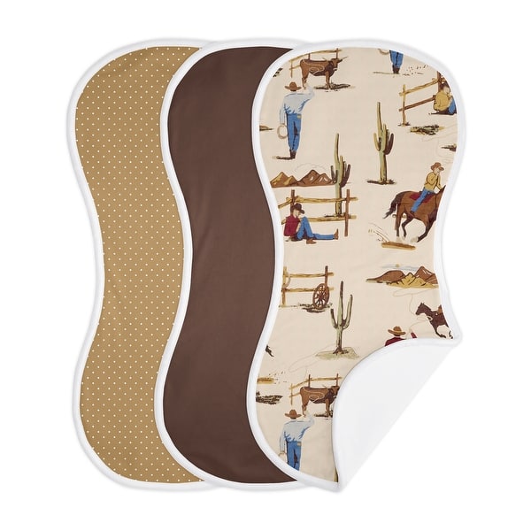 slide 2 of 6, Sweet Jojo Designs Western Cowboy Absorbent Burp Cloths 3 Pack Set Red Tan Blue Brown White Wild West Southern Country Horse