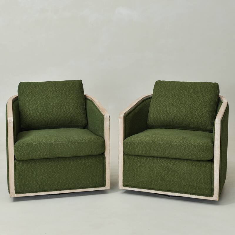KINWELL 31"W Oak Frame Upholstered Swivel Barrel Armchair - Set of 2 - Green Boucle
