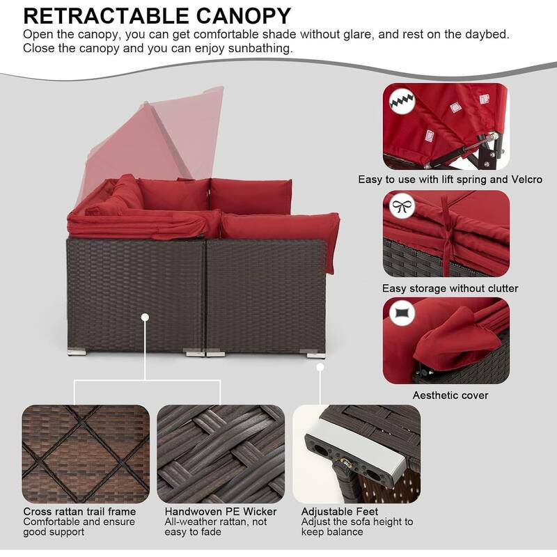 Erommy 6-Piece Patio Set - Rattan Daybed with Canopy & Adjustable Backrest