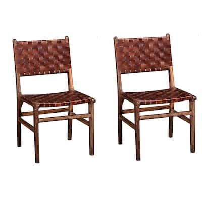 Brown/Brown Leather Upholstered Wood Frame Dining Chair, Set of 2, Sturdy Dining Chair for Dining Rooms - 15.5