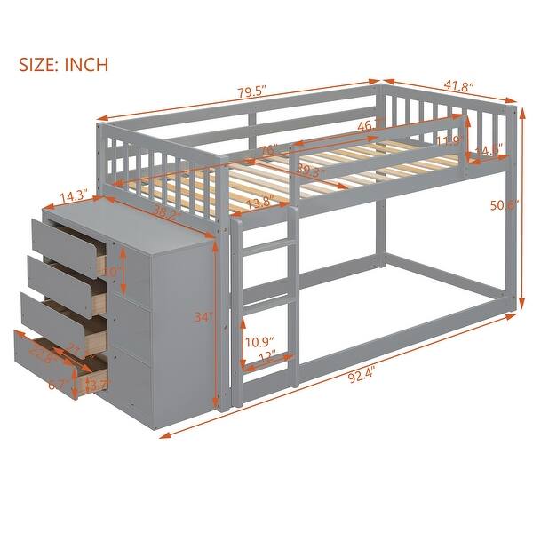 Twin over Twin Bunk Bed wGuardrail, Cabinet, 4 Drawers,3 Shelves,Grey