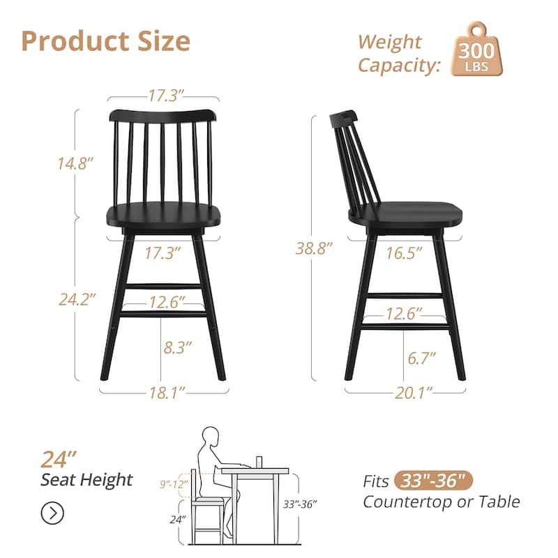 Modern 24″ Windsor Swivel Wooden Counter Height Bar Stool with Ergonomic Back