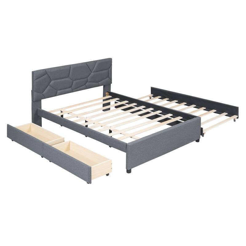 Full Upholstered Platform Bed with Brick Headboard, Twin Trundle, 2 Drawers, Gray Linen Fabric