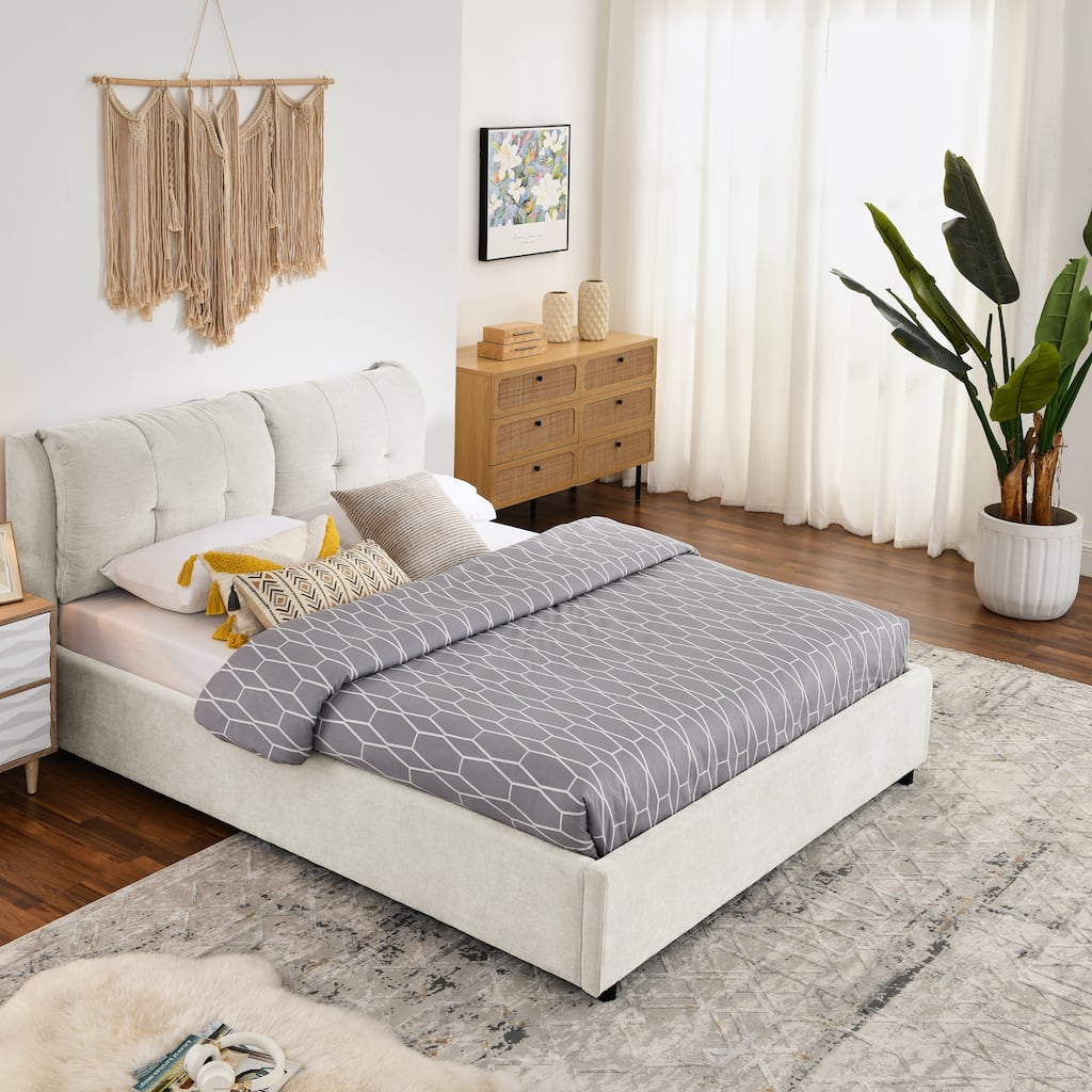 Roomfitters Queen Size Upholstered Platform Bed Frame with Tufted Headboard Storage Mattress Foundation, Beige