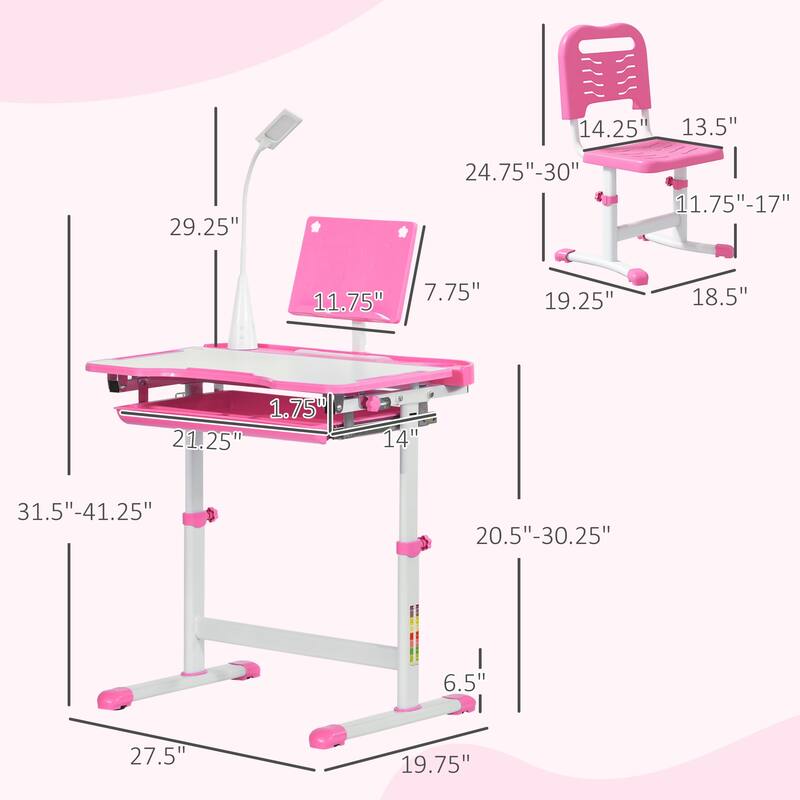 Pink Adjustable Kids Desk and Chair Set with Tilt Desktop Drawer Pen Slots Cup Holder and USB Lamp Ergonomic