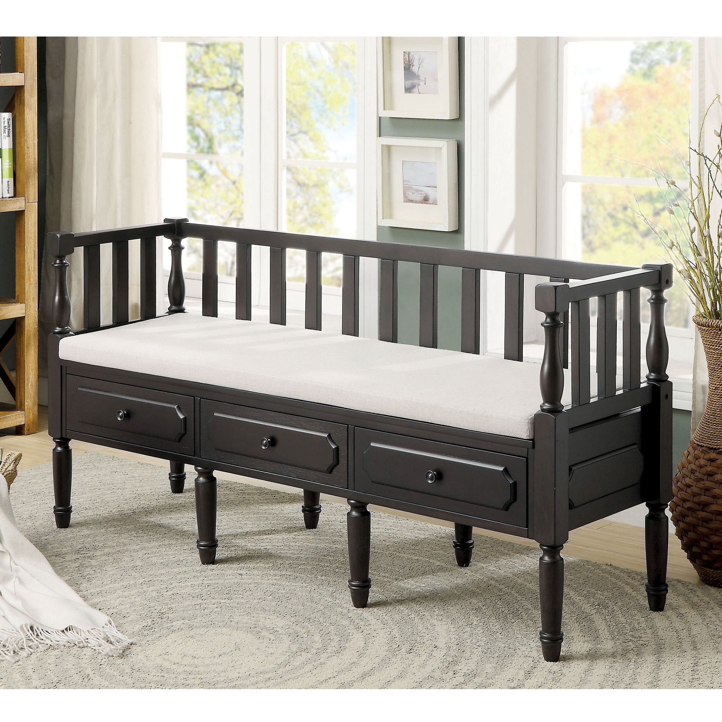 Kram Farmhouse Fabric Padded 3-Drawer Storage Bench by Furniture