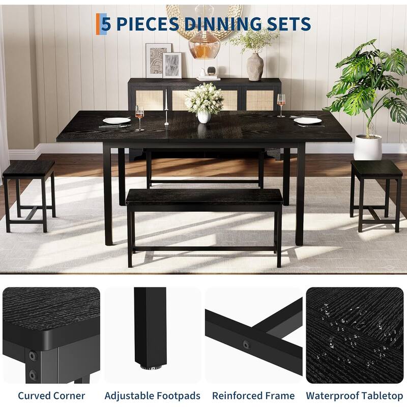 47.2" Large Extendable Kitchen Table Set, with 2 Benches and 2 Square Stools