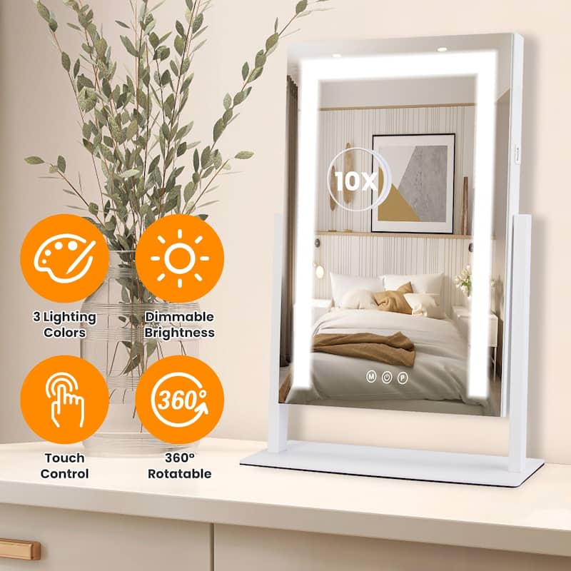 White LED Vanity Mirror with 10X Magnifying Mirror, Touch and USB Output - 14.37” W x 3.34” D x 18.7” - White