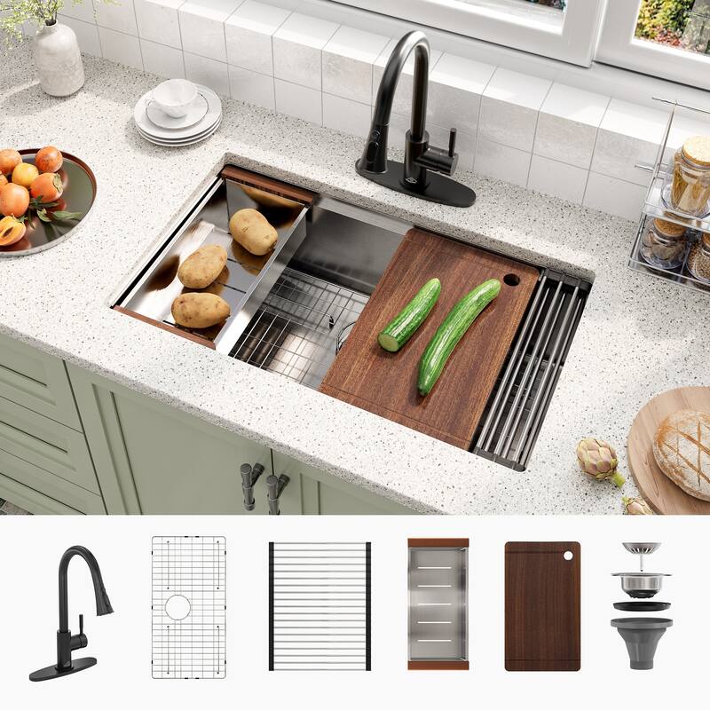 Undermount Single Bowl Nano Brushed Stainless Steel Workstation Kitchen Sink with Pull-Down Kitchen Faucet and Accessories