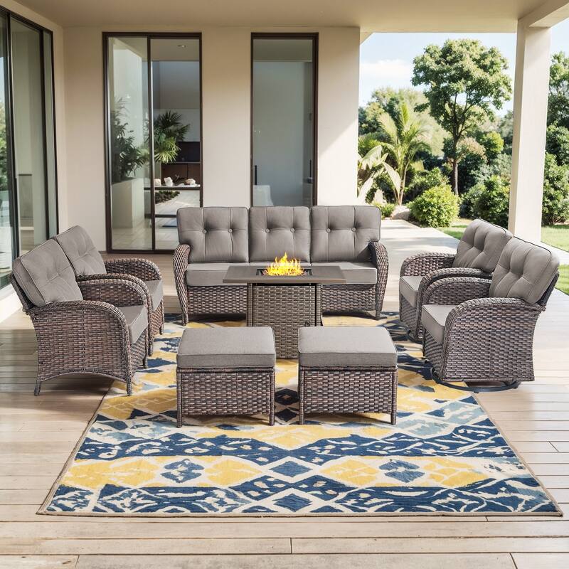 Pocassy Ooutdoor Fire Pit Table with Patio Funiture - 8 Pieces - Brown Wicker & Gray cushion