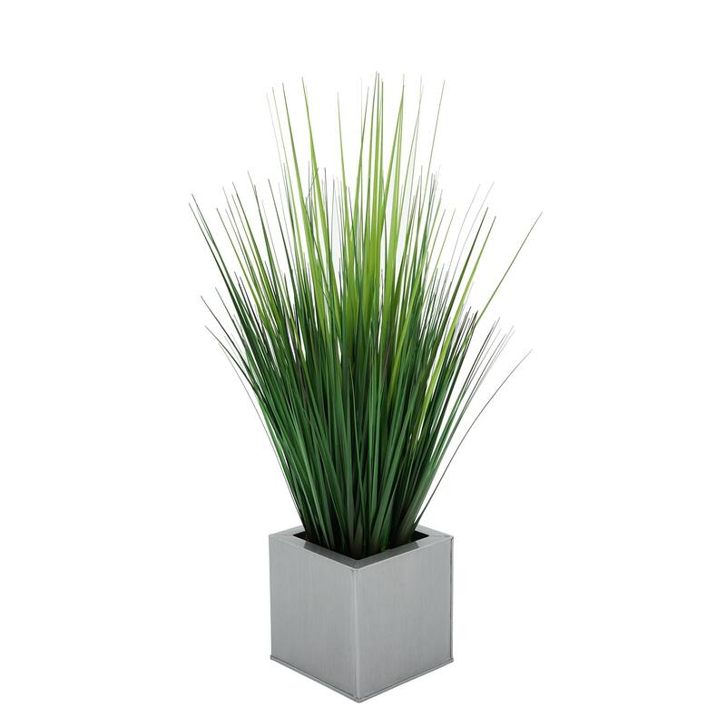 Faux PVC Grass in Square Zinc Planter - Silver