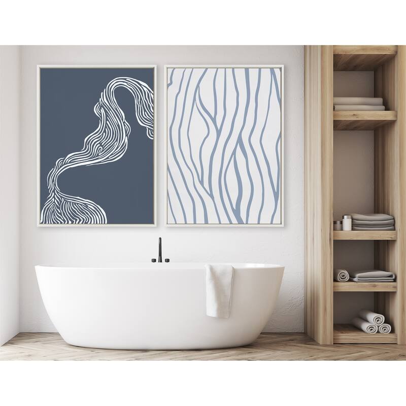 Kate and Laurel Sylvie Simple Elegant Coastal Waves Framed Canvas by The Creative Bunch Studio