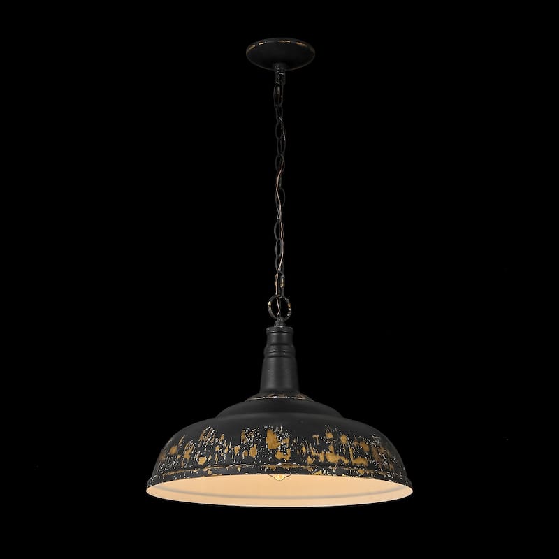 17.7" 1-Light Farmhouse Industrial Black and Gold Distressed Metal Dome Pendant Light with Adjustable Chain