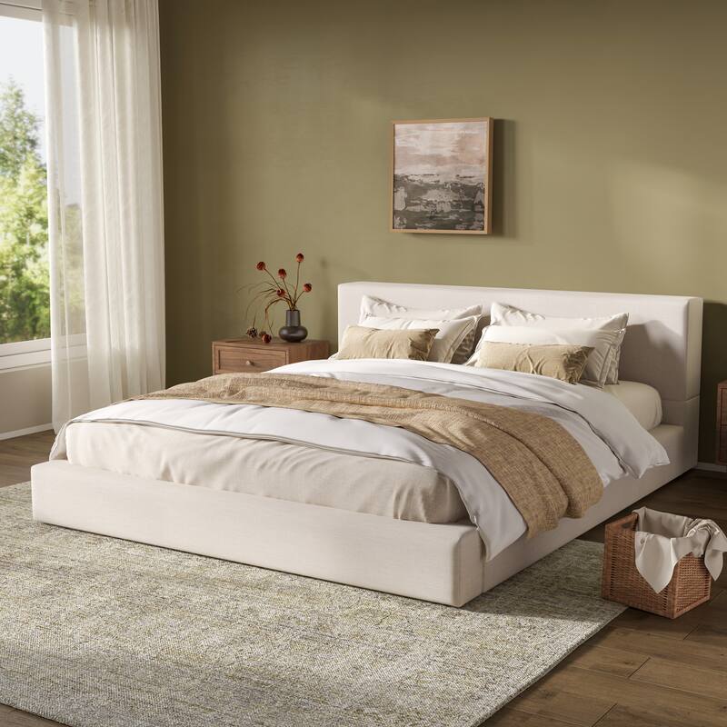 King Size Bed Frame with Thick 8" Headboard/Upholstered Platform Bed Frame/Solid Wood Support Slats/No Box Spring Needed/Beige
