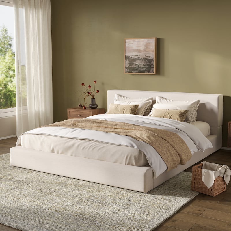 King Size Low Profile Bed with Linen Thick Headboard and Footboard, Beige Linen Fabric Upholstered Platform Bed - Beige - King